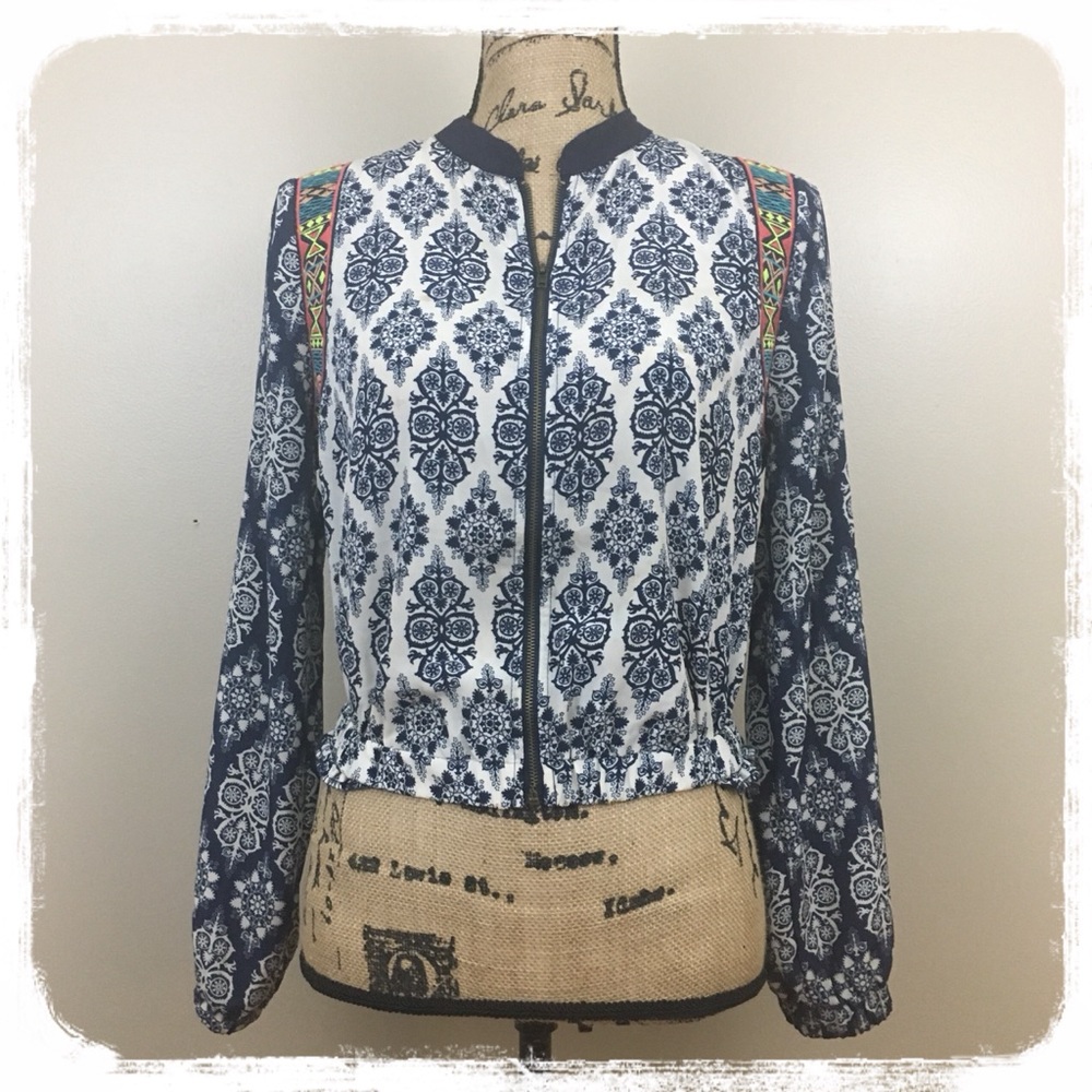 Flying Tomato Sheer Boho Print Bomber Jacket sz. S